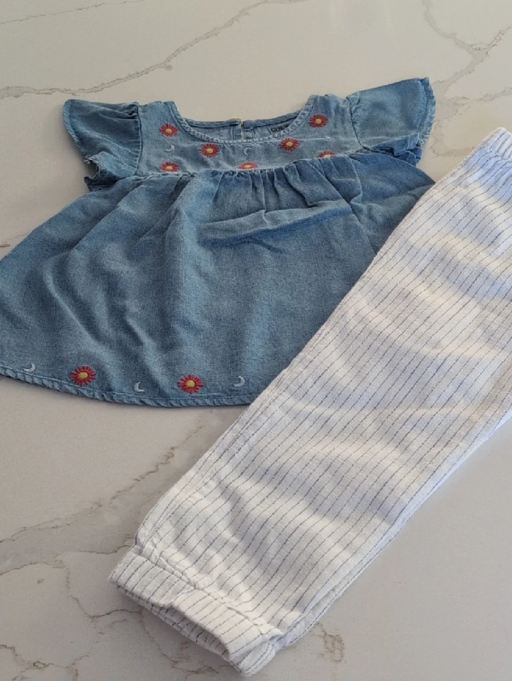 OshKosh B'gosh Light Blue Chambray Floral-Embroidered Top and Striped Pants Set